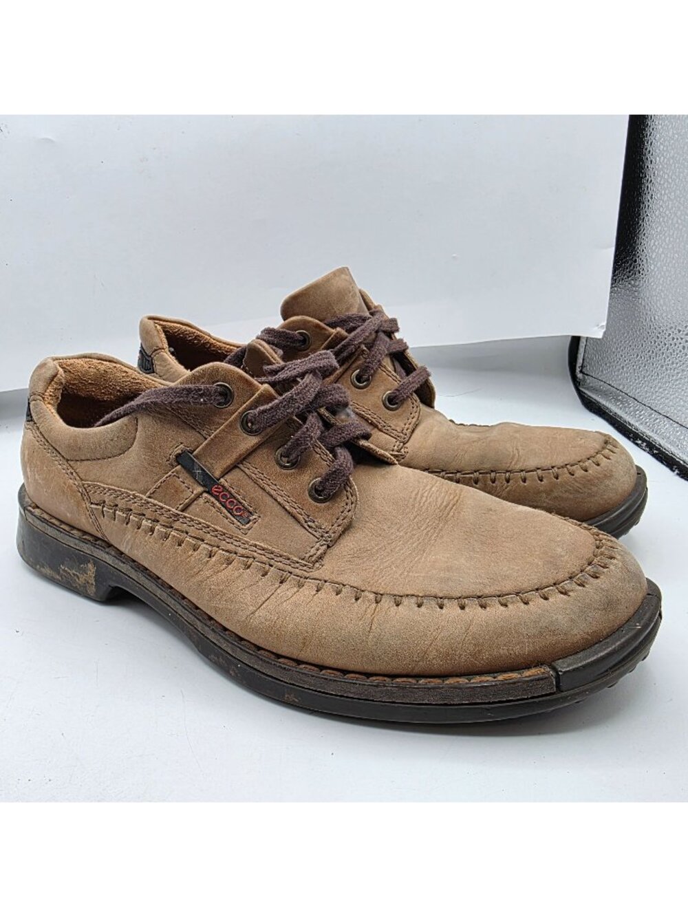 Ecco Fusion II Mens Size 42 Leather Casual Shoes Brown Moc Toe Walking